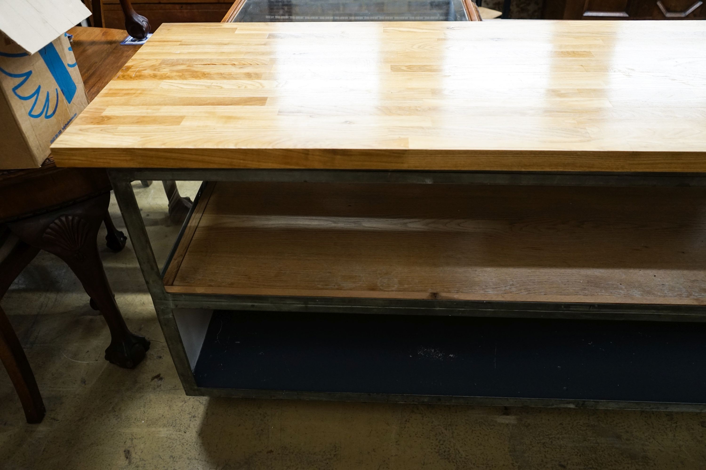 A glazed shop counter now as a kitchen island with removable wood worktop, length 212cm, depth 63cm, height 93cm